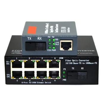 1Pair 10/100Mbps Single-mode SC Hurtige Medier Ethernet Converter+ 10/100M Optisk Fiber Media Converter 8 Ports RJ45 til 1 fiber SC