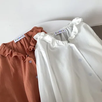 2019 koreanske Version af Efteråret Sød ensfarvet Skjorte Kvindelige Harajuku Casual V-hals Løs Slank langærmet Shirt til Kvinder