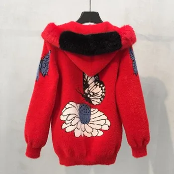 2020 Kvindelige Mink Pels jakke Efterår og vinter Kvinder Frakke Løs Broderet Tyk Fløjl Hooded Sweater cardigan Overtøj
