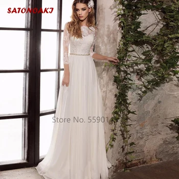 2020 Ny Enkel Elegant Langærmet Lace Wedding Kjole Med Vinger Skræddersyet Boho Brudekjolen Vestido De Novia Online Shop