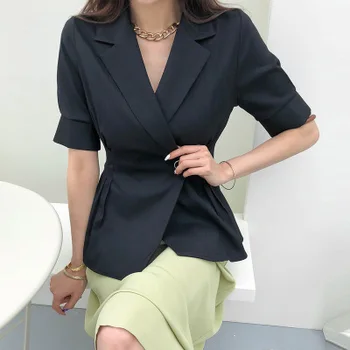 2020 Sommeren Koreansk Mode Arbejde Blazer Jakker Kvinder Kortærmet Hak Krave På En Knap Kontor Jakke Blazere Outwear Femme