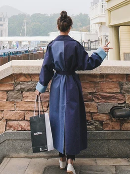 2020 Spring Ny Grøft Kvinder Mode Patchwork Blå Dobbelt-breasted Løs Vintage koreanske Streetwear Dame Tøj Efteråret Outwear
