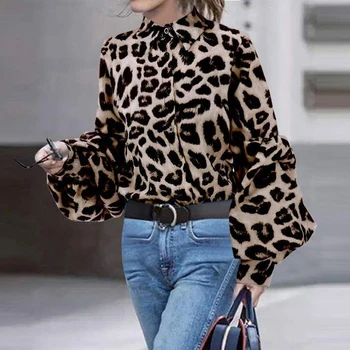 2021 Kvinder, Forår Mode Leopard Shirts, Casual Lanterne Ærme Knapper, Print Løse Bluser 4XL Plus Size Kvinde Sommer Toppe