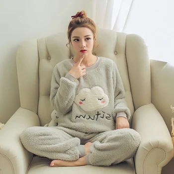 2stk koreanske Varmt Efterår Tykkere Flannel Pyjamas Sæt Sød Åndbar Kvinder med Lange Ærmer Dejlig Homewear Nattøj Bukser Top