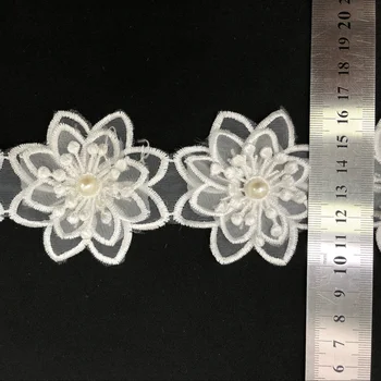 5yard 3D-broderi Beaded blomster blonder Trim til tøj Blonde Bånd Dekorativ Trimning for gardin DIY Syning Accessoriess