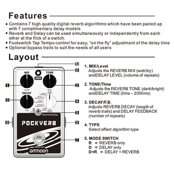 Ammoon POCKVERB Reverb & Forsinkelse Guitar-Effekt-Pedal 7 Reverb Effekter + 7 Delay-effekt Med Tap Tempo Funktion True Bypass pedal