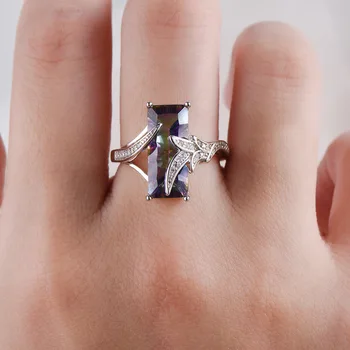 AMORUI Geometriske Rainbow Amethyst Crystal vielsesringe Trendy CZ Sten 925 Sterling Sølv Ringe For Kvinder Mode Smykker
