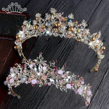 Barok Luksus Krystal Perle Brude Crown Tiaras Lys Guld Diadem Tiaras for Kvinder Bruden Bryllup Hår Tilbehør