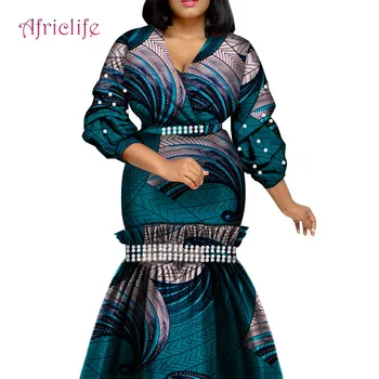 Bazin Riche Vigtigt bryllupsfest Iført Sexet-V-Hals Kvinder Lang Kjole Traditionelle Boutique Afrikanske Tøj WY3822