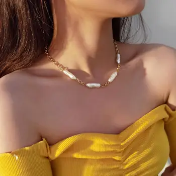 Bohemia Uregelmæssig Perle Kæder Halskæde, Smykker, Guld Farve Metal Kravebenet Kæde Choker Halskæde til Kvinder Barok Perle Krave