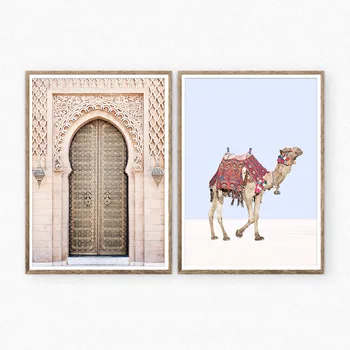 Boho Plakat Øde Landskab Lærred Maleri Døren Kamel Print Dekoration Væg Billeder til stuen er Indrettet i Marokkansk stil Urammet