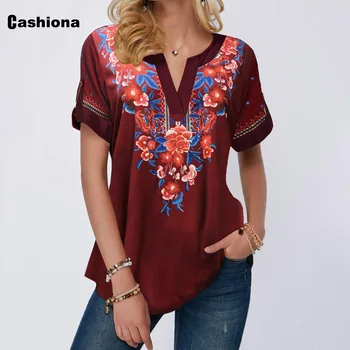 Cashiona 2020 Plus size Kvinder Casual Toppe Nye Mode Blomst Print Sommeren Boho Tshirt V-Hals, Kort Ærme Løs t-Shirts Femme