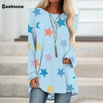 Cashiona Plus size Kvinder Elegante Fritid Casual T-shirt Model med Stjerne Print Jersey Tøj 2021 Sommeren Løs Tee shirt Femme 5XL
