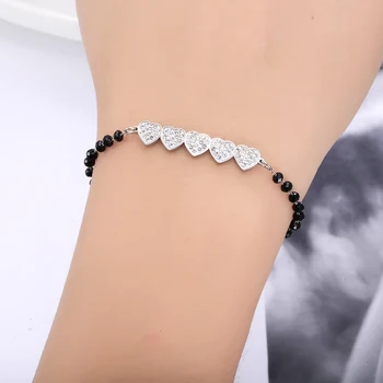 Crystal Heart Charms Armbånd til Kvinder i Rustfrit Stål, Sorte Perler, Kæde Elegant Armbånd Kvindelige Smykker Venskab Gave