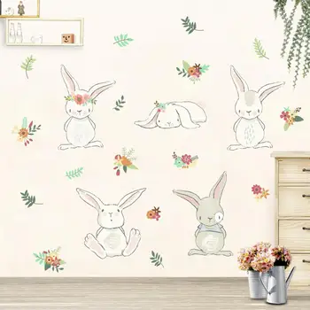 Dejlig Kanin Wallsticker Til Børneværelset Dekoration Tegnefilm Dyr Bunny Vægmaleri Kunst Diy Hjem Overføringsbilleder, Plakater Børn Gave