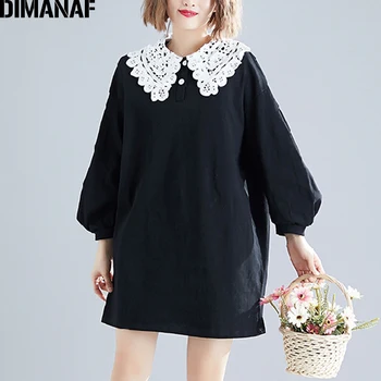 DIMANAF Sommer Plus Size Kvinder Bluse Shirt Lace Elegante Kontor Dame Toppe Casual Løs Oversize langærmet Sundress Solid Black