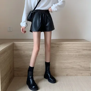 Efterår og vinter 2020 nye koreanske version smag fashion vilde løs, høj talje tynd a-linje PU læder wide-ben shorts til kvinder