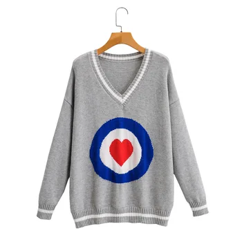 Efteråret 2020 Kvinder Sweater Casual Lange Ærmer i Kontrast Hjerte Form Elegant V-hals Strikket Bluse Toppe Pullover