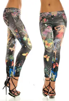 Elastisk Ankel-længde Slank Punk Style Faux Denim Blyant Bukser Sexede Kvinder Leggings Butterfly Flower Trykt Efterligning Jeans