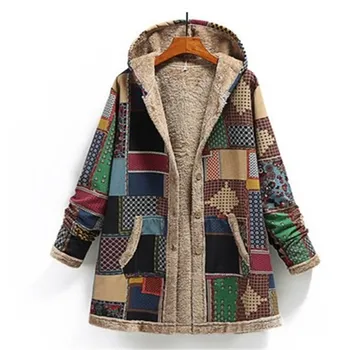 Elegante vinteren ny stil kvinders bomuld og linned trykt hooded sweater varmt plys jakke mode løs pels, tyk varm jakke