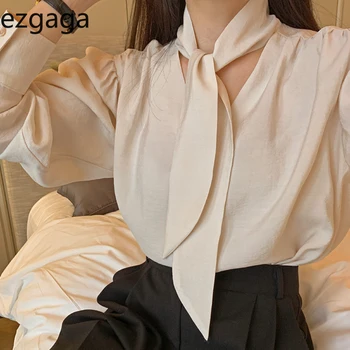 Ezgaga Bluse Kvinder Chik Fransk Stil Snøre Løs Solid Lang Lanterne Ærme Kontor Dame, Elegante Skjorter Forår Mode Blusas