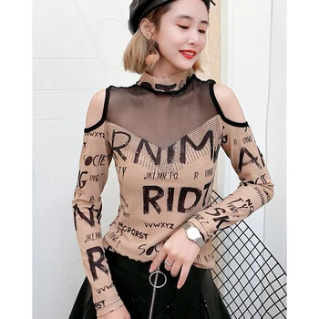 Falder koreansk Stil T-shirt-Smart Sexy Off Skulder Patchwork Mesh Diamanter Brev Kvinder Toppe Ropa Mujer langærmet Tees T09904A