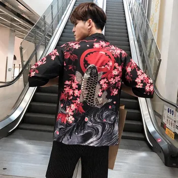 Japansk Kimono Style Mænd Casual Cardigan Outwear Halv Ærmer Åben Front Kappe Jakke, Frakke