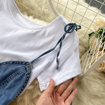 Japansk stil spaghetti Denim kjole med gratis hvide t-shirt Sommer mori girl Kvinder Casual Sødt Kort Ærme Toppe&Jean kjole