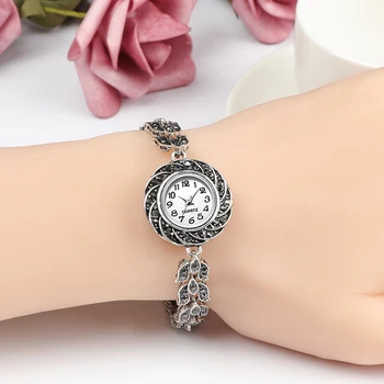 Kinel Mode Kvinders Ure, Antik Sølv Farve Luksus Lyse Sorte Rhinestone Armbånd, armbåndsur Ur Vintage Smykker