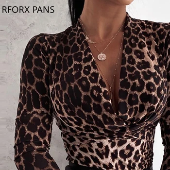 Kvinder Cheetah Print med V-hals langærmet Top Bluse Dame Toppe og Bluser