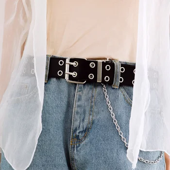Kvinder Dobbelt Hul Kæde Bælte i Taljen Mode for Jeans Metal Talje Punk Luksus Pin Spænde Remmene PU Læder Ny Stil Dekorative