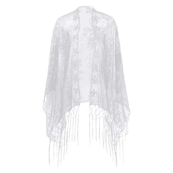 Kvinder Elegant Sjal 160 x 60cm Årgang 1920'erne Glitrende Tørklæde Mesh Paillet Bryllup Cape Frynsede Part Kjole til Aften Sjal Wrap