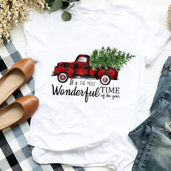 Kvinder Lady Print Happy Holiday Plaid Lastbil Tree Julen Dame Tøj, T-Shirt Tee for Tshirt Kvindelige Top Grafisk T-shirt