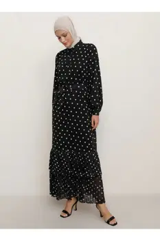 Kvinder med Lange Ærmer Kjole sort prikkede mønster stor størrelse Bomuld Hijab Muslimske Fashion Vinter Sommer Tyrkiet Dubai fritidstøj 2021