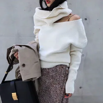 Kvindernes Nye år Stilfulde Mode høj hals sweater sexet offshoulder ene skulder jersey
