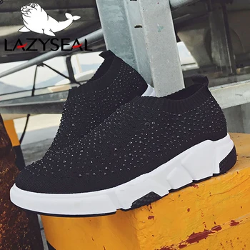 LazySeal Behageligt Lys Afslappet Platform Ankel Støvler Sko Kvinder Slip-on Crystal Walking Sko Åndbar Mesh Sneakers til Damer