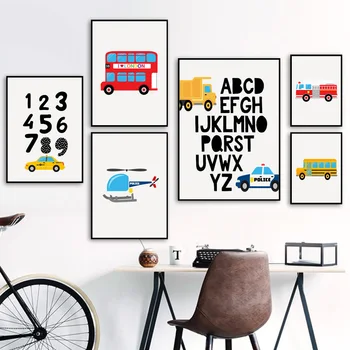 London Bus, Lastbil, Helikopter, En Række Tegnefilm Væg Kunst, Lærred Maleri Nordiske Plakater Og Prints Væg Billeder For Kids Room Decor