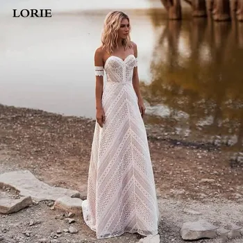 LORIE Boheme Bryllup Kjoler 2020 Nøgen Hals En Linje Blonder Boho Brude Kjoler Plus Size Wedding skræddersyede Kjoler