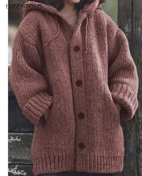 Lugentolo Efterår og Vinter Kvinder Strikkede Sweater Hooded Cardigan Lomme Medium-Længde Solid Farve Kvindelige Casual Sweater 5XL