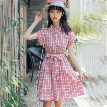 Mori girl sommer mode afslappet plaid mini kjole new ankomst-blå,rød,grøn søde vestidos