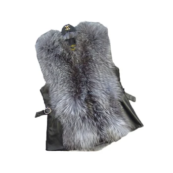 NEW hot silver fox fur vest ægte pels vest rød ræv med læder stor Størrelse 5xl 6xl
