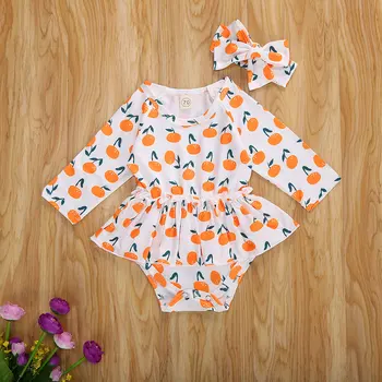 Ny Efterår Baby Girls Fashion Print Jumpsuits Lange ærmer Rainbow Orange Rompers Hovedbøjle Toddler Baby Udstyr