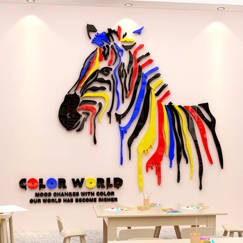 Nye ankomst Tegnefilm zebra 3D Akryl wall stickers Til børn værelses Stue DIY Art wall decor Farverige zebra væggen dekorative