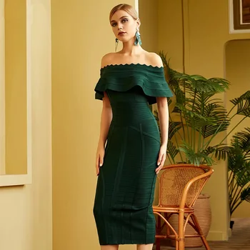 Nye damer grøn bandage dress tube top formel kjole Stropløs pjusket Aften party bodycon kjole slim-dress Robe De Soiree