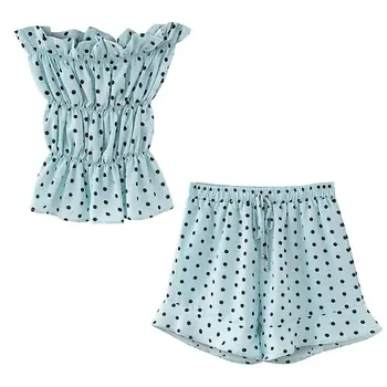 Nye sommer kvinder to delt sæt polka dot elastisk pjusket Indpakket toppe & casual høj talje Snøre shorts ensemble femme