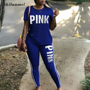 Pink Brev Print Træningsdragt Kvinder 2019 Plus Size Sportsuit 3xl i T-Shirts Og Tynde Bukser Sæt Passer til Kvinder Casual To delt Sæt