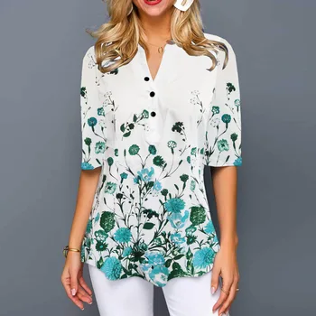 Plus Størrelse 4xl 5XL Skjorte Bluse Kvindelige 2020 Forår Sommer Nye Toppe V-hals Halvt Ærme Blomster Print Boho Kvinder Shirt
