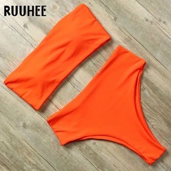 RUUHEE Solid Badetøj Bikini Badedragt Kvinder Bandage Høj Talje Bikini Sæt Stropløs badedragt Kvindelige Badetøj Badetøj 2019