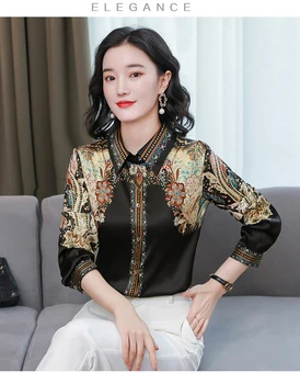 Sort tung silke skjorte kvinder 2021 foråret nye mode udskrivning langærmet alsidig revers mulberry silke top