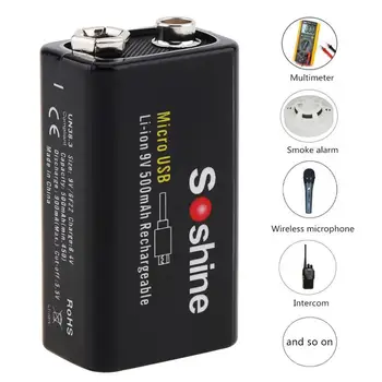 Soshine 2 stk 9V 6F22 500mAh Li-ion 7.4 3.3 V Wh Genopladeligt Batteri-Micro-USB-Beskyttet for Multimeter Trådløse Mikrofon Alarm